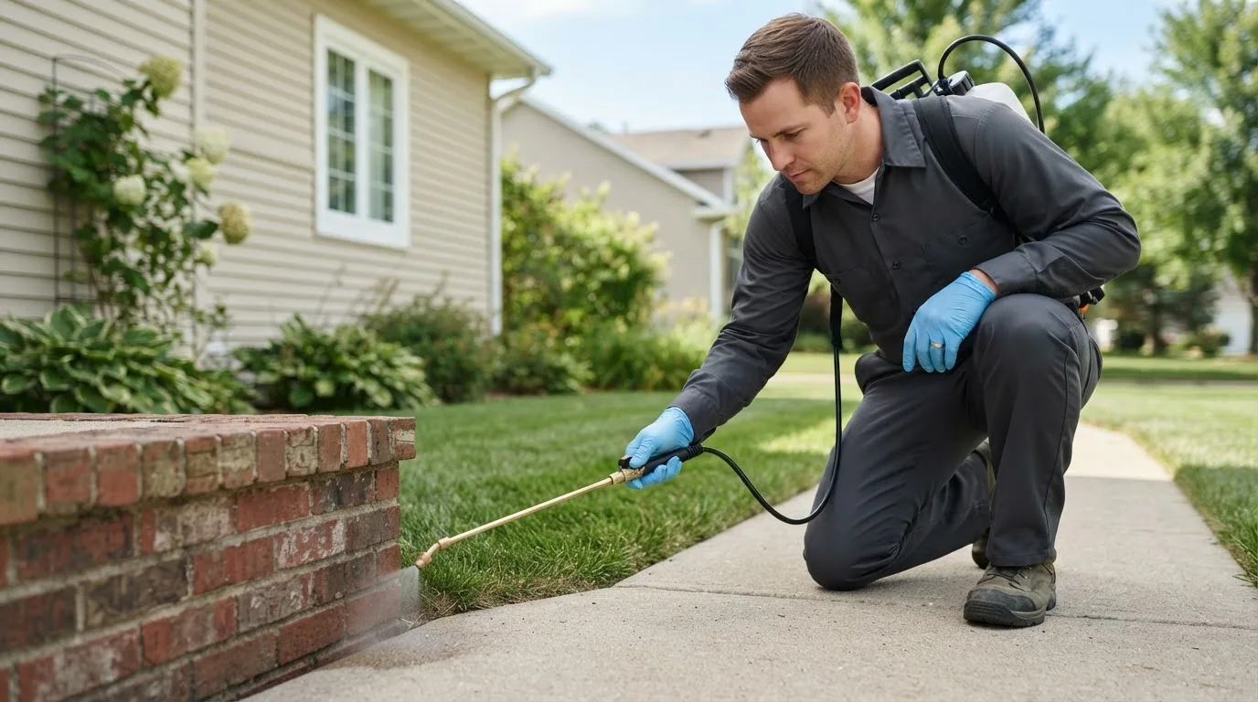 Pest control technician treating a home near Saint Mary Of The Woods, IN
